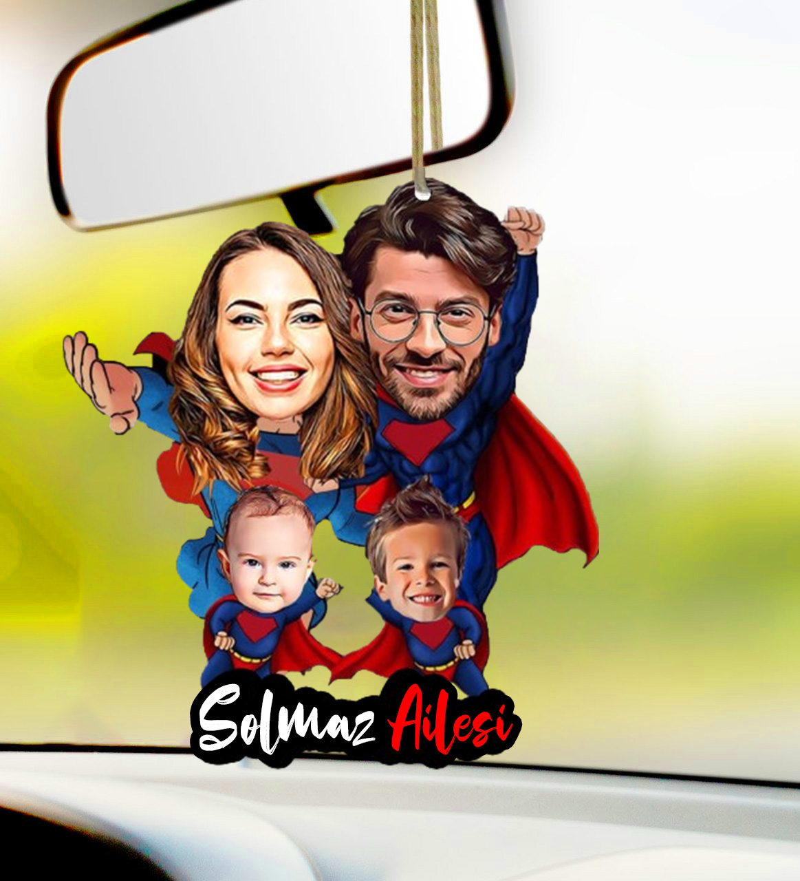 Kişiye Özel Karikatürlü Süper Aile Tasarımlı Dikiz Ayna Süsü