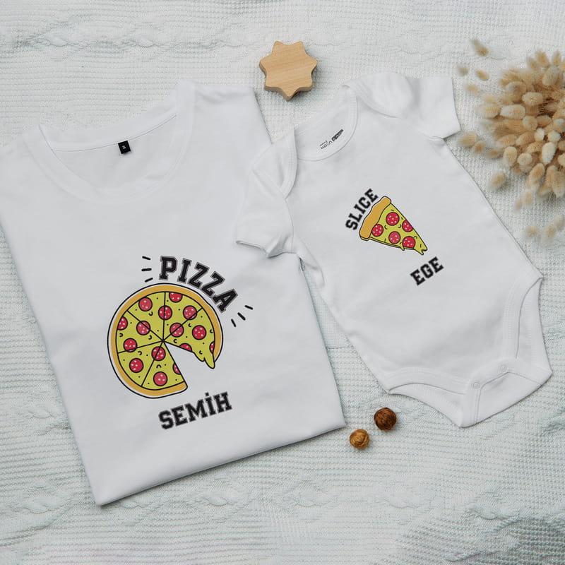 Pizza Tasarımlı Baba Tişört Bebek Body Kombin